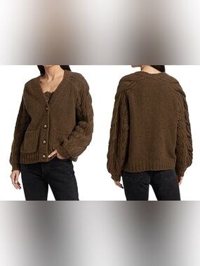 NAADAM Hand Knit Cable Sleeve Wool Cashmere-Blend Cardigan Brown Cacao Size XS